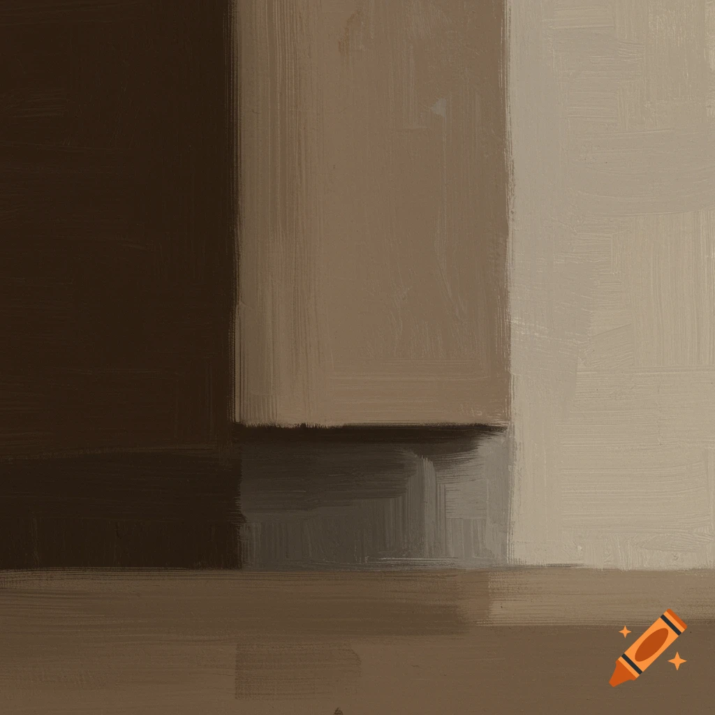 Abstract painting with blocks of brown, beige, and grey brushstrokes.