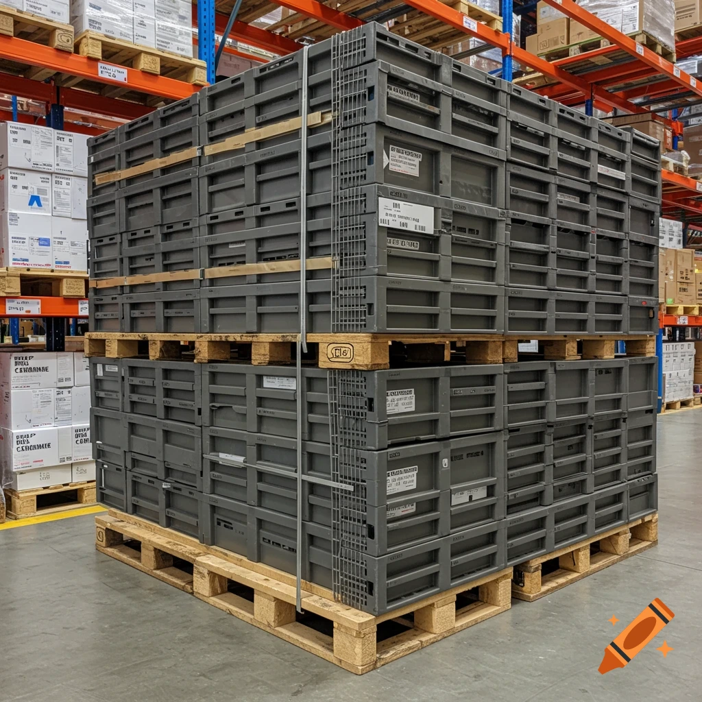 Stack of grey plastic crates on wooden pallets in a warehouse