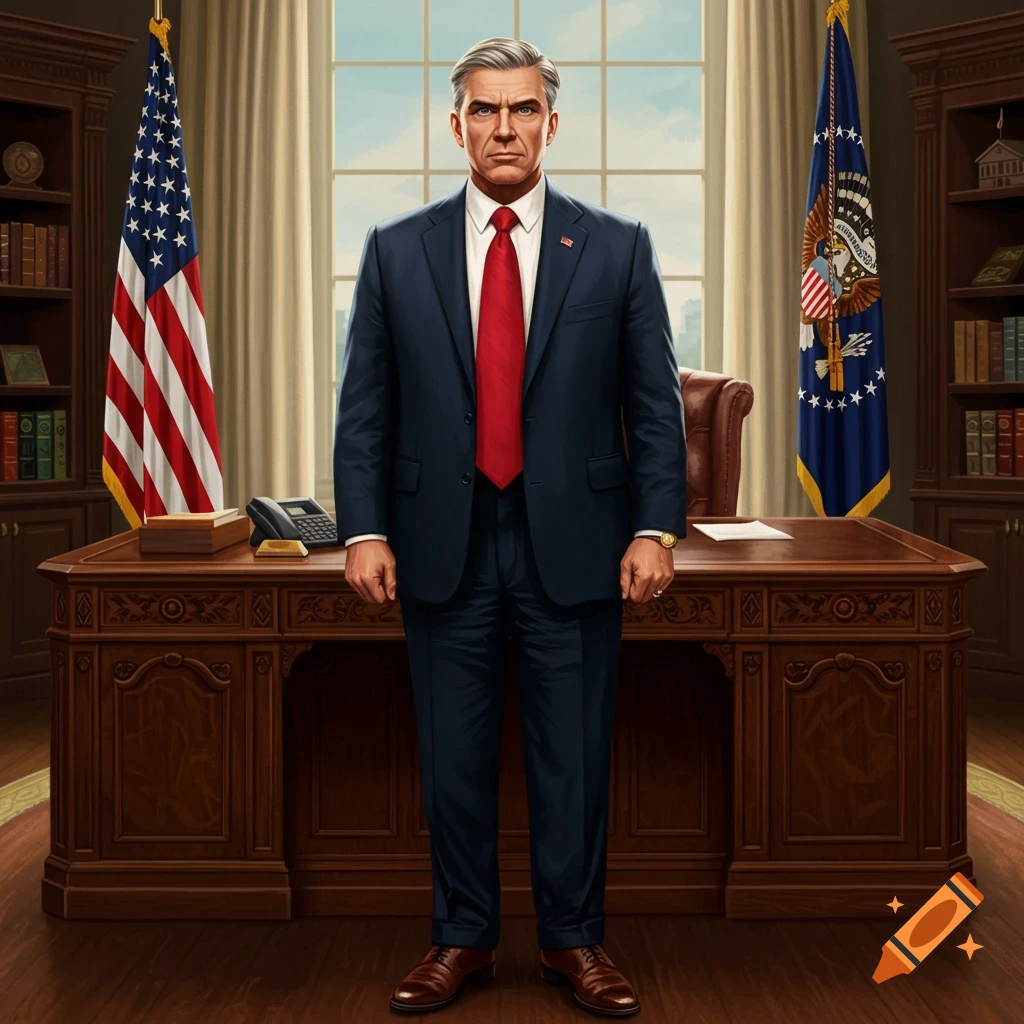 Man in dark suit and red tie standing behind a large wooden desk in an office with US flags and bookshelves.