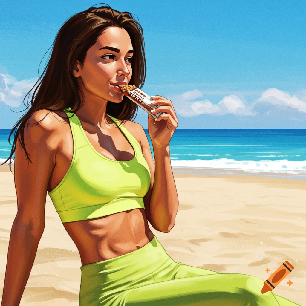 Stylized image of a woman in workout clothes eating a protein bar on a beach.