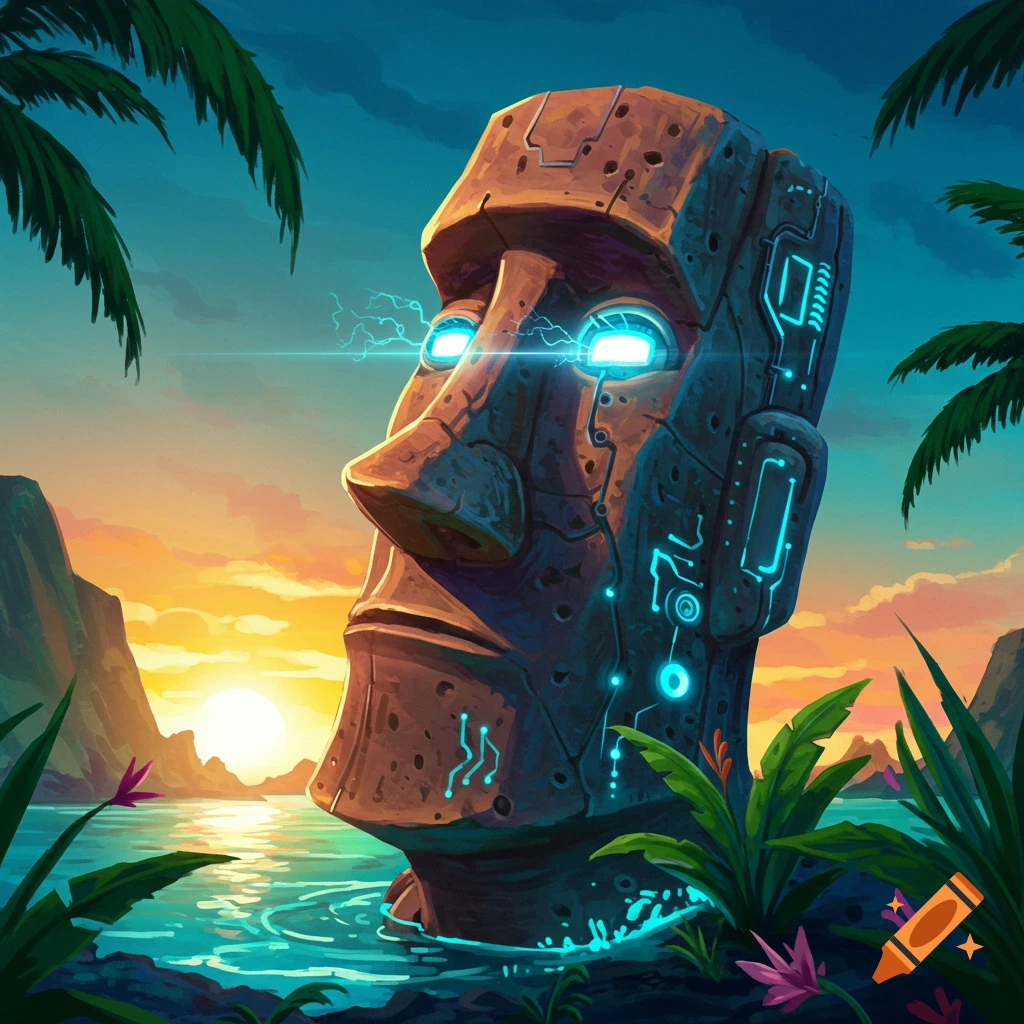 A futuristic Moai statue with glowing blue circuits stands in a tropical bay at sunset.