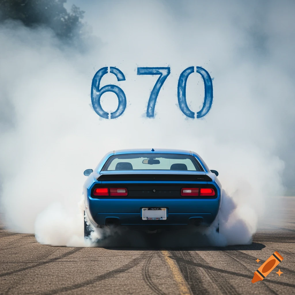 Blue muscle car doing a burnout, smoke forms the number 670 above.