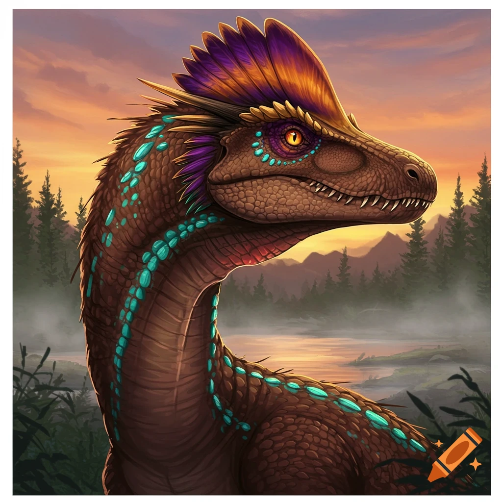 Portrait of a fictional dinosaur with purple and orange feathers and glowing turquoise spots, set against a sunset landscape.