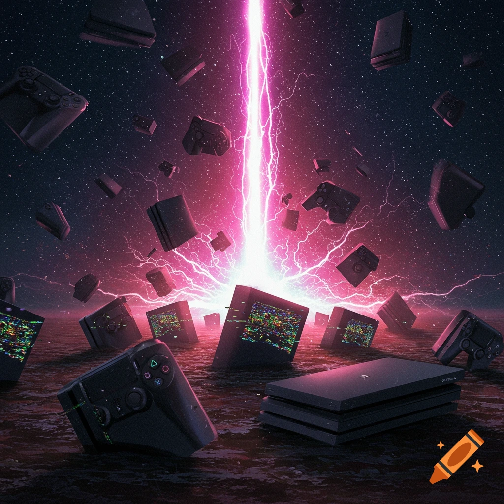 Gaming consoles and controllers impacted by a large pink energy beam in a cosmic sky.