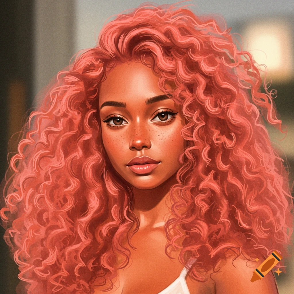 Digital art portrait of a woman with salmon curly hair and freckles