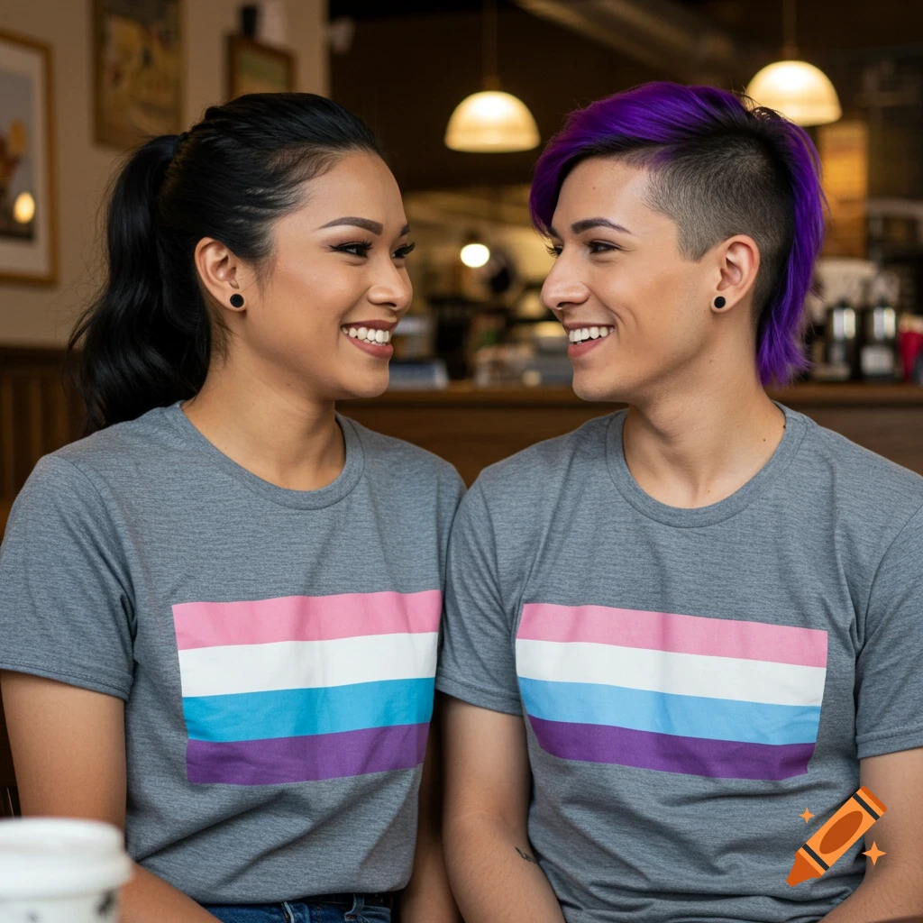 Two people wearing trans flag t-shirts smiling in a coffee shop