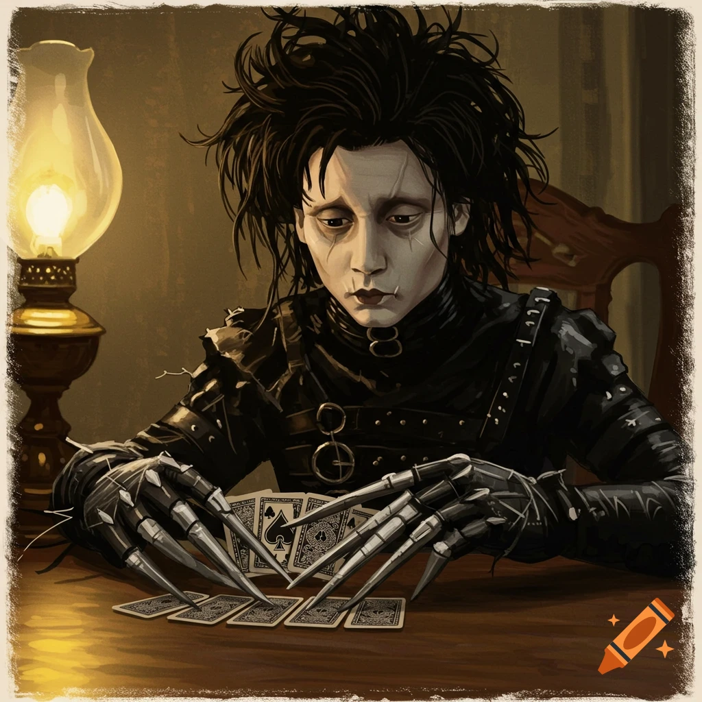 Edward Scissorhands sits at a table playing cards by the light of an oil lamp.