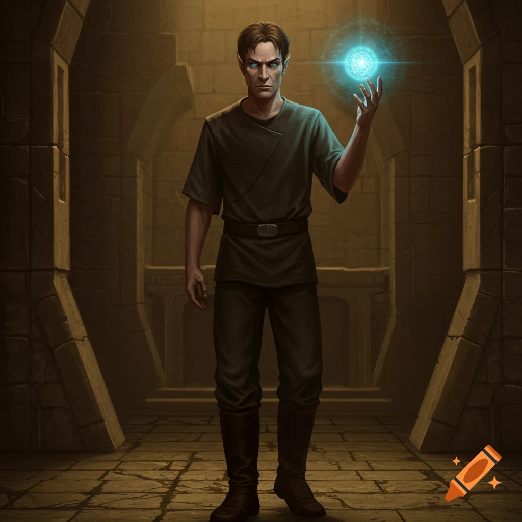 A man with pointed ears holding a glowing blue orb in a stone room.