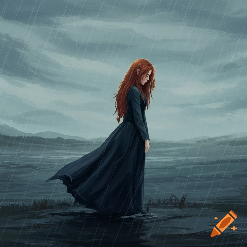 Illustration of a sad woman with red hair standing in the rain in a field.