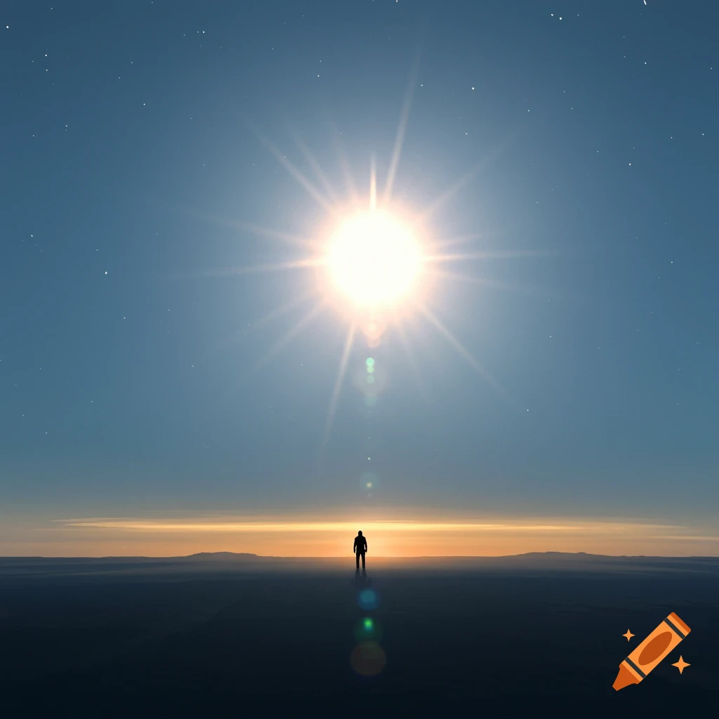 Silhouette of a person standing on a plain looking up at a bright sun and stars in a blue sky.
