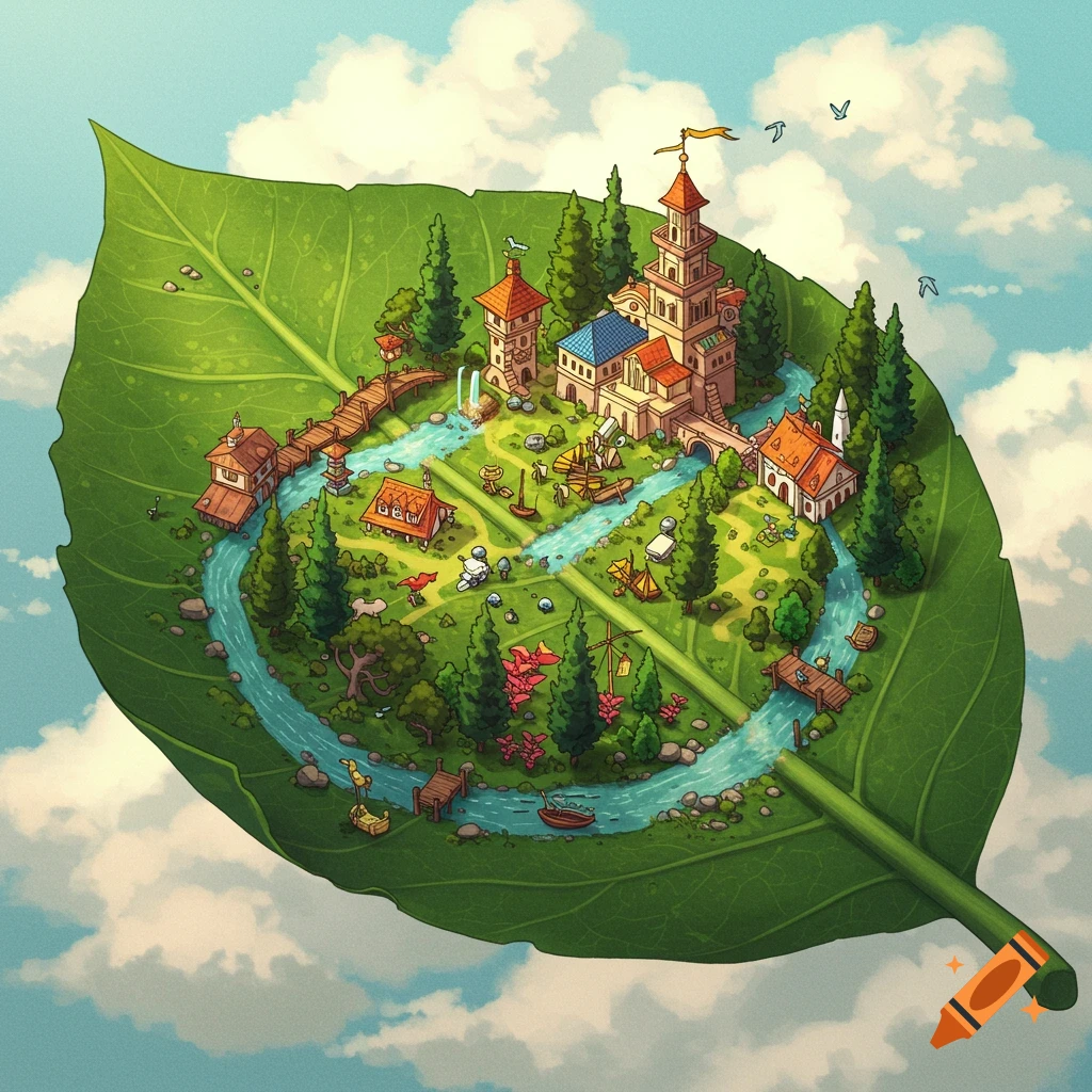 Isometric illustration of a fantasy world on a large green leaf floating in the sky.