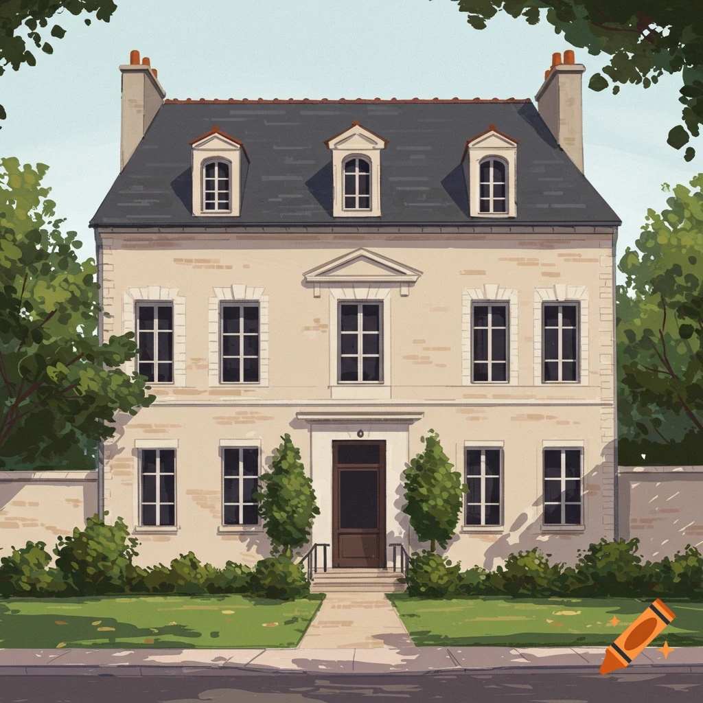Illustration of a French-style house with a garden