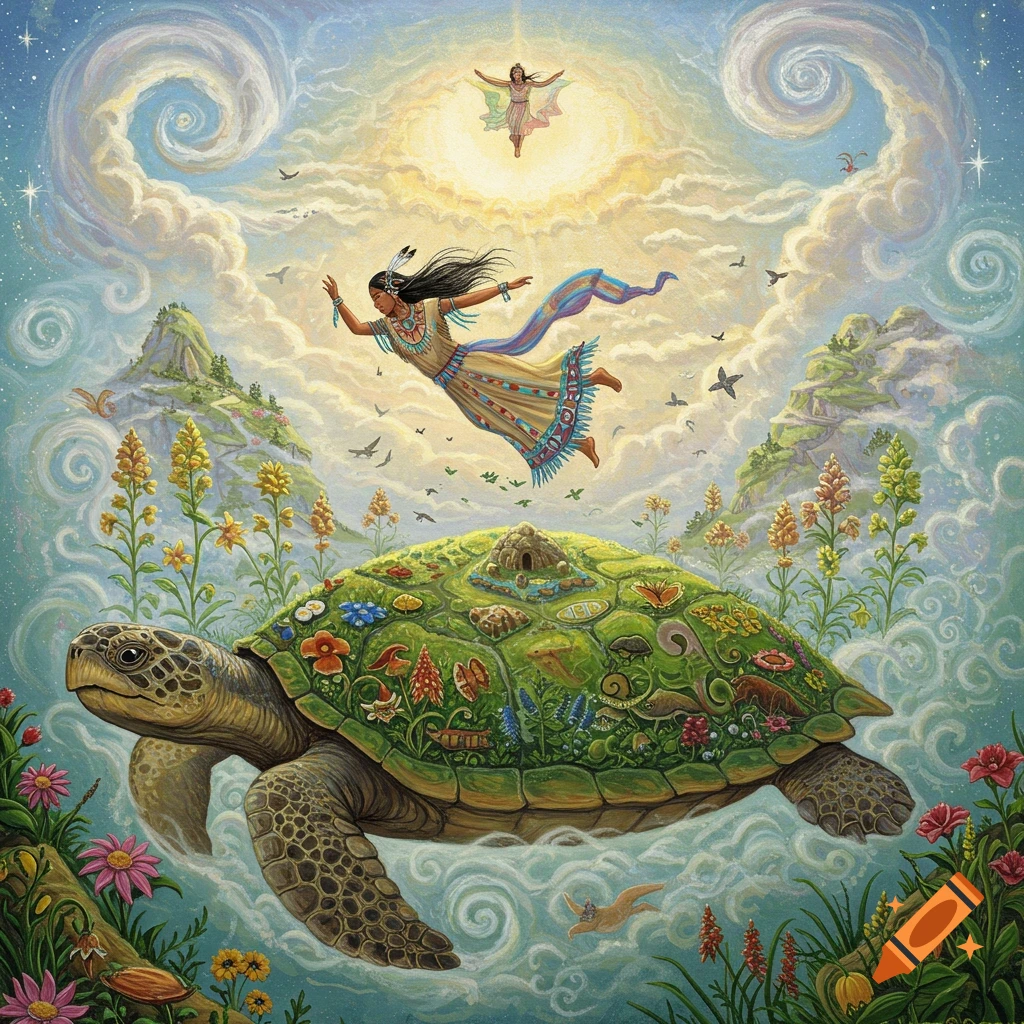 Illustration of a large turtle carrying land with people flying above among clouds, mountains, and stars.