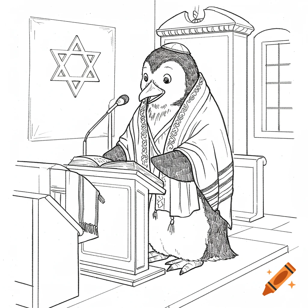 A line drawing of a penguin wearing Jewish attire speaking at a podium.