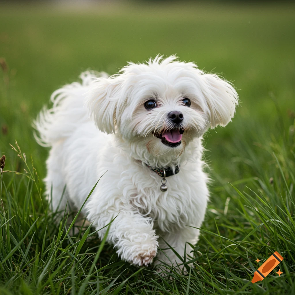 A white Maltese dog runs through tall green grass.