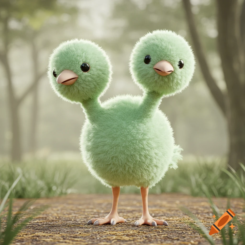 A fluffy, green, two-headed bird creature stands on a forest path, 3D render.