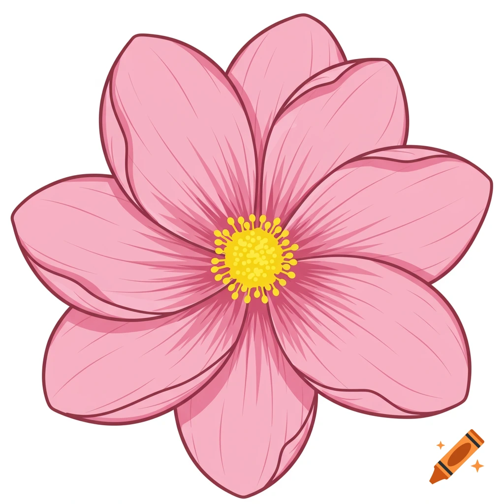 An illustration of a pink flower with a yellow center.