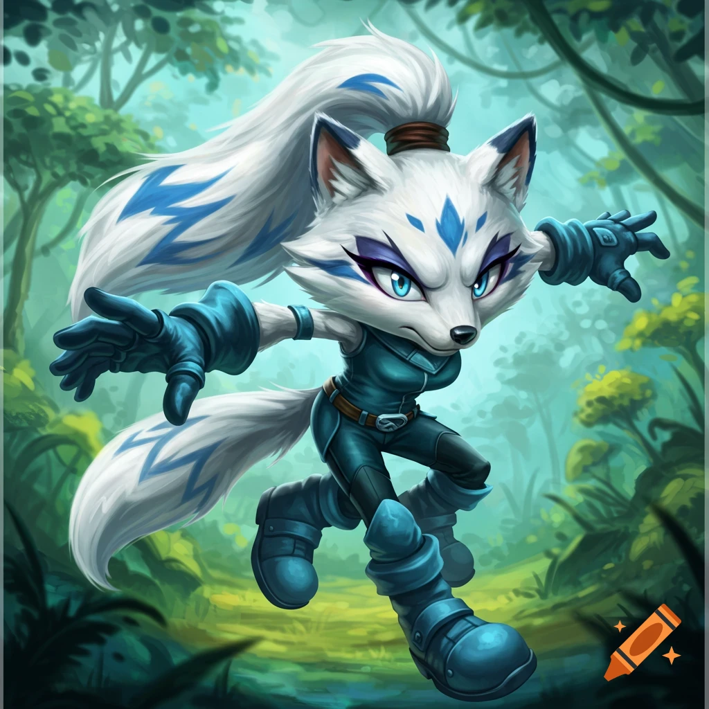 Stylized white fox character with blue markings in blue gear running through a forest.