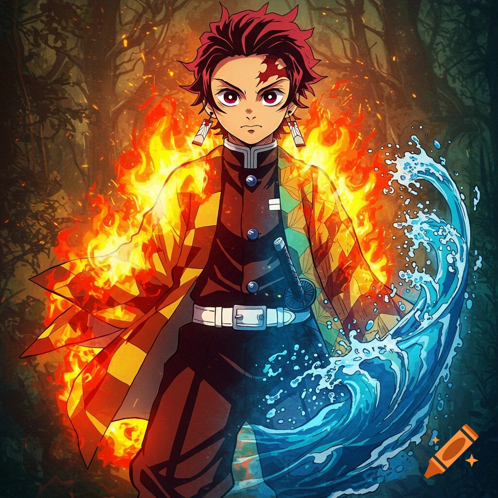 Anime male character wielding fire on one side and water on the other in a forest setting.
