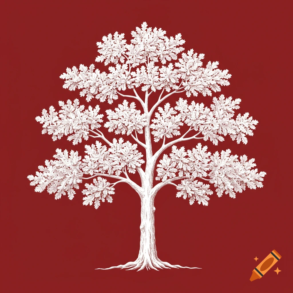 White oak tree illustration on a red background