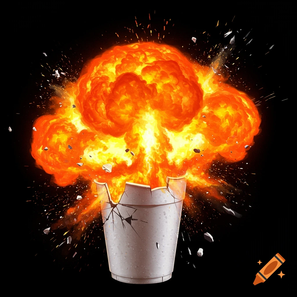 A fiery explosion erupts from a broken cup, scattering debris against a black background.