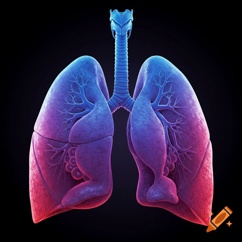 Anatomical rendering of human lungs and trachea.