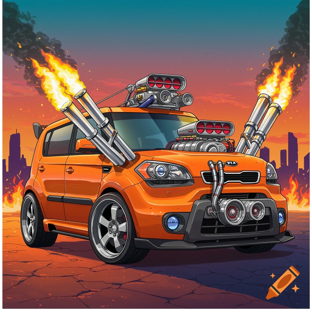Stylized illustration of an orange modified car with flames from exhaust pipes against a sunset skyline.