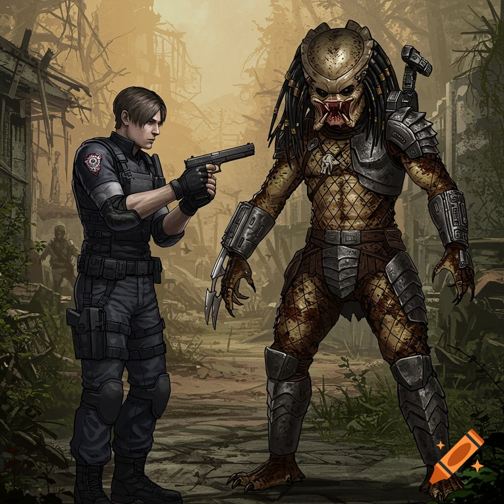 Leon Kennedy aims a pistol at a Predator in a ruined environment, illustration.