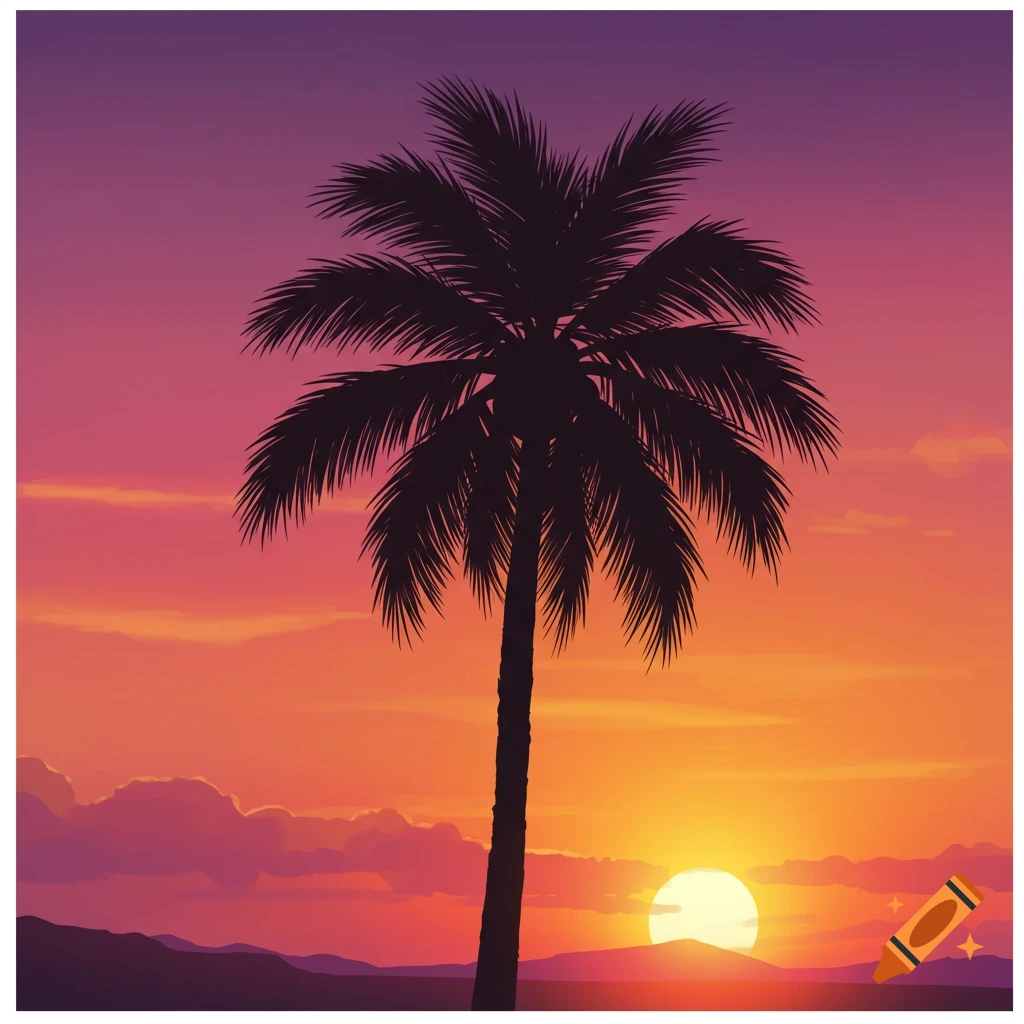 Silhouette of a palm tree against a colorful sunset sky with clouds and mountains.
