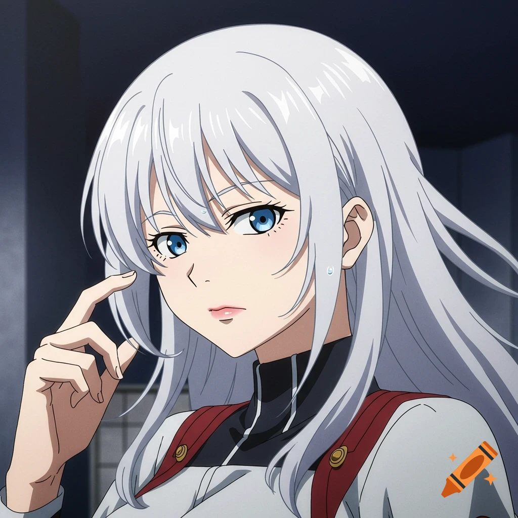 Anime girl with white hair and blue eyes touches her face.