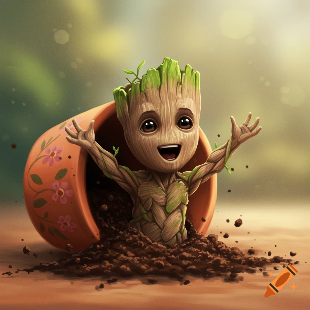 Baby Groot emerging from a flower pot with dirt, smiling