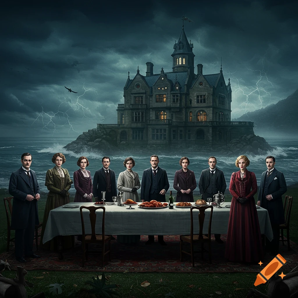 Group of people in formal wear by a dinner table outside a house on an island during a stormy night with lightning.