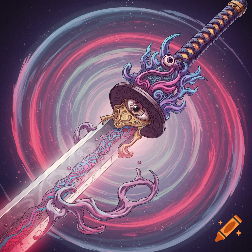 Fantasy katana with eyes on the hilt and blade against a swirling pink and blue space background.