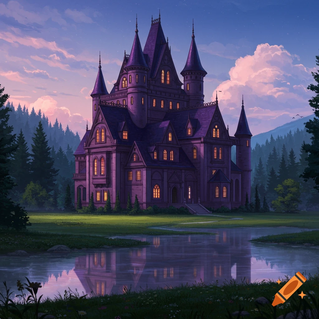 A large purple fantasy castle sits by a lake in a twilight landscape.