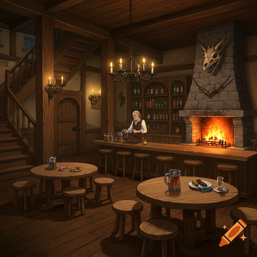 A cozy fantasy tavern interior with a bartender behind a bar, tables, a fireplace, stairs, and a dragon skull.