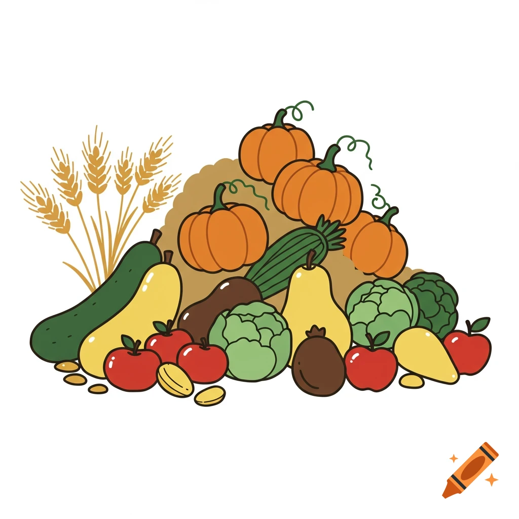 Illustration of a pile of pumpkins, zucchini, pears, apples, artichokes, and wheat.