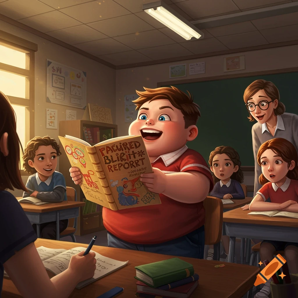 An illustration of a boy enthusiastically presenting a book report to his teacher and classmates in a classroom.