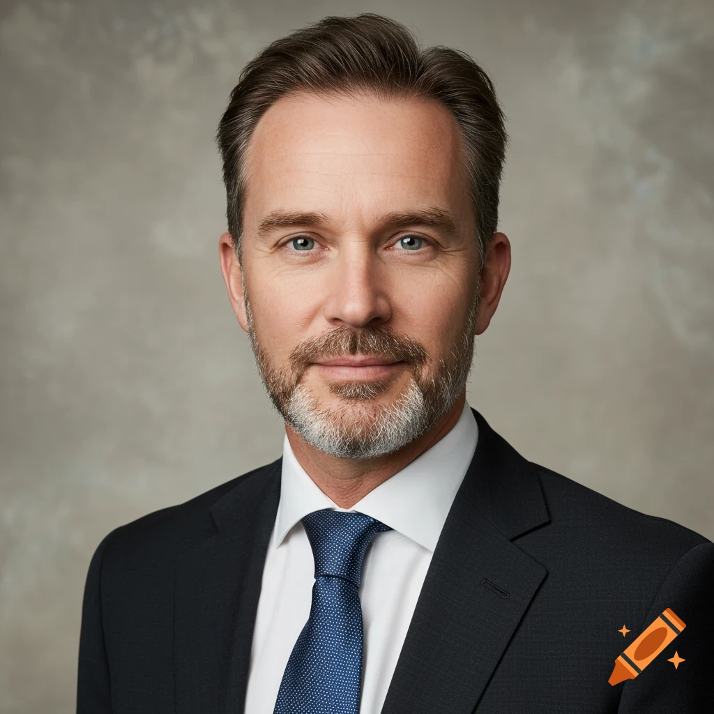 Professional headshot portrait of a man in a dark suit and blue tie.