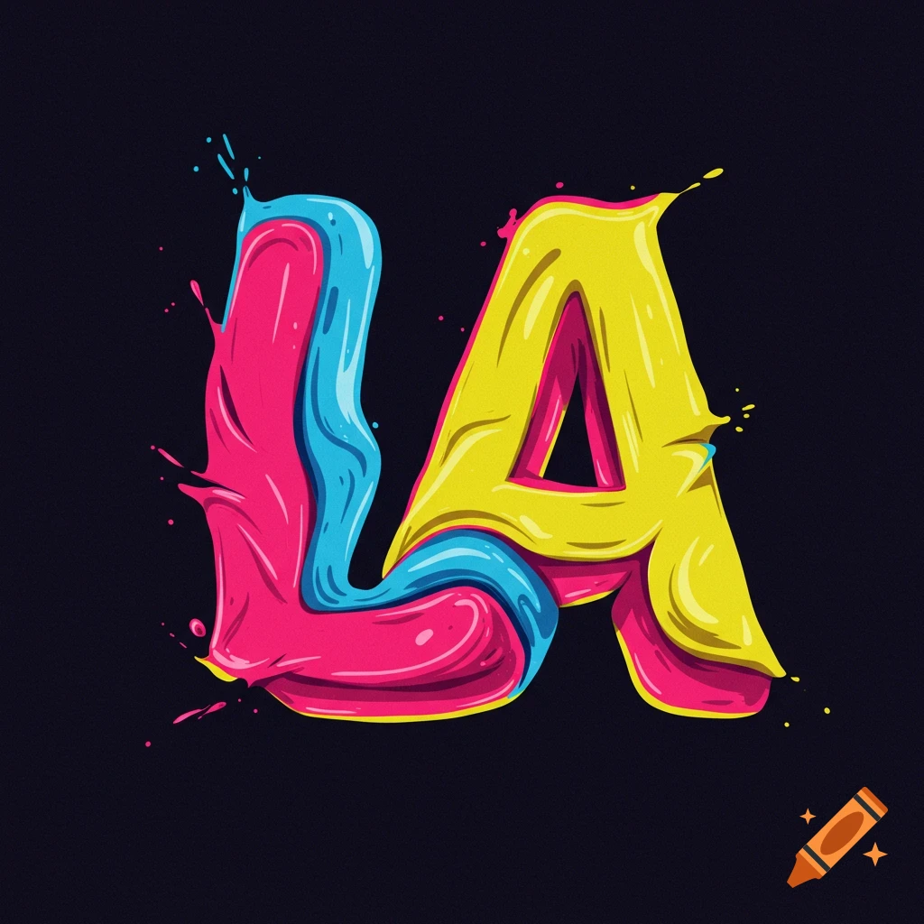 Stylized letters L and A in colorful dripping paint style on a dark background.