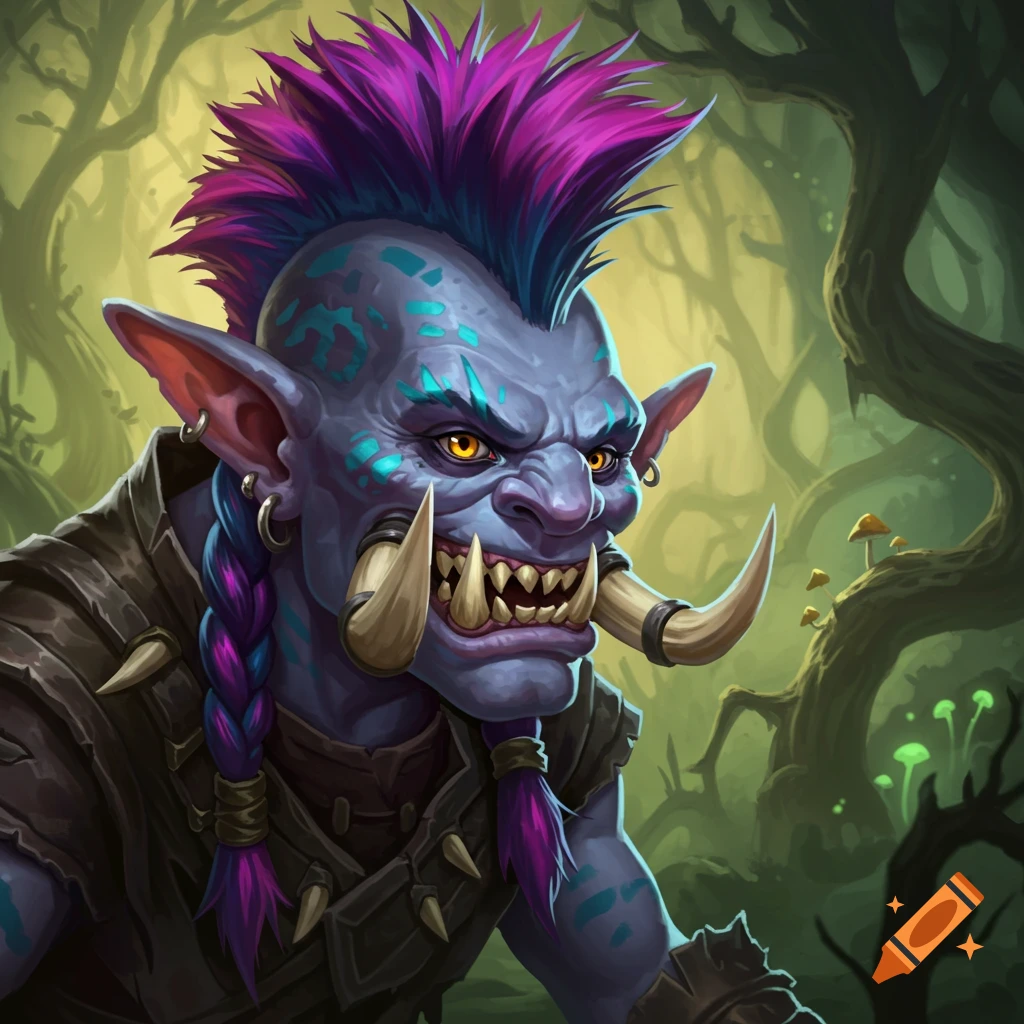 Illustration of a blue fantasy troll with purple mohawk and braids in a forest
