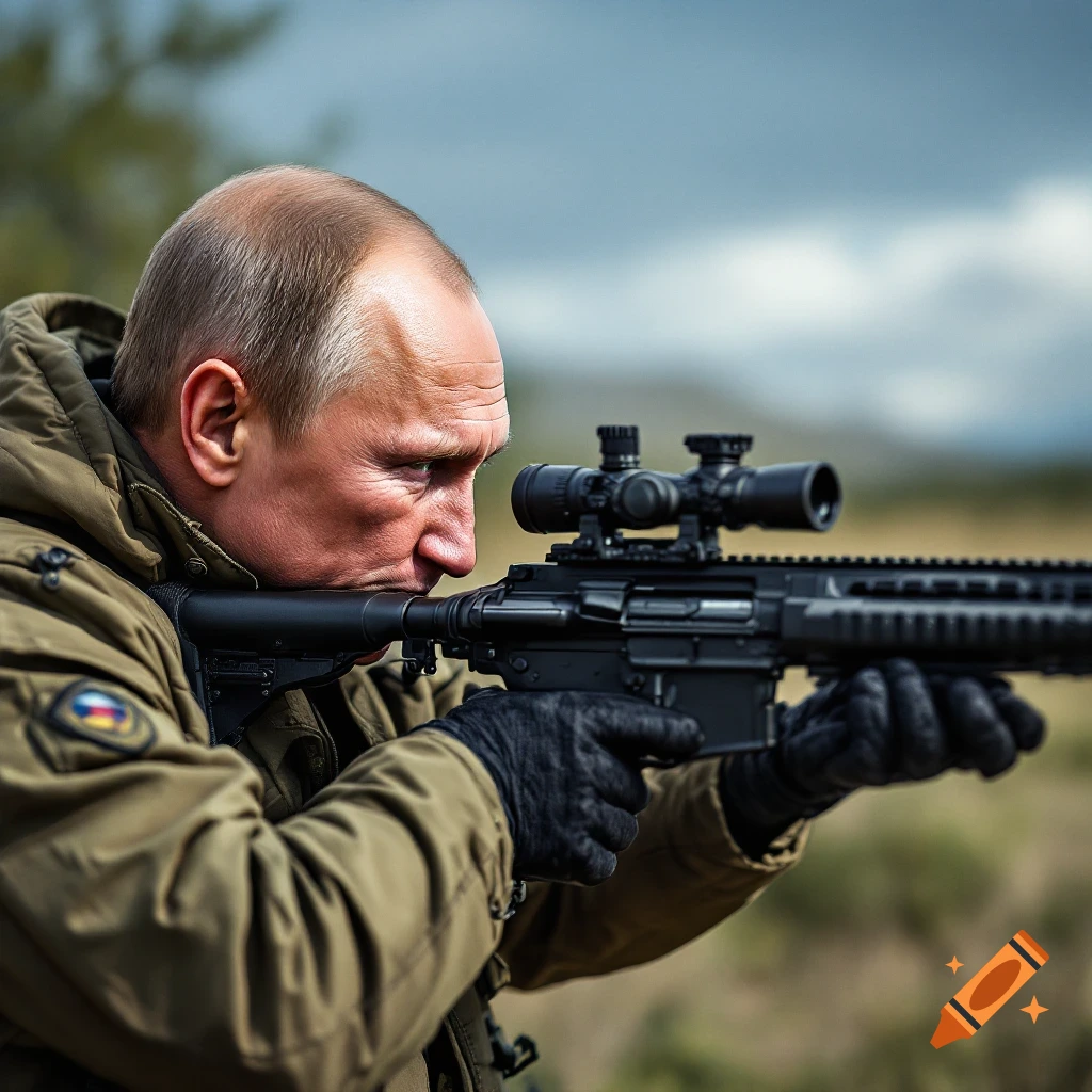 Vladimir Putin aims a rifle outdoors.
