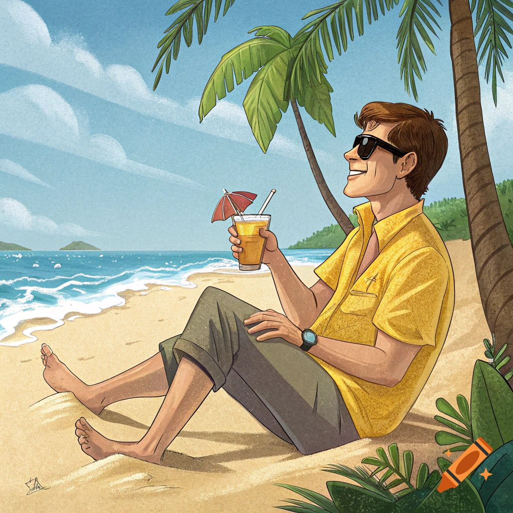 Illustration of a man in a yellow shirt relaxing on a beach under a palm tree with a cocktail.