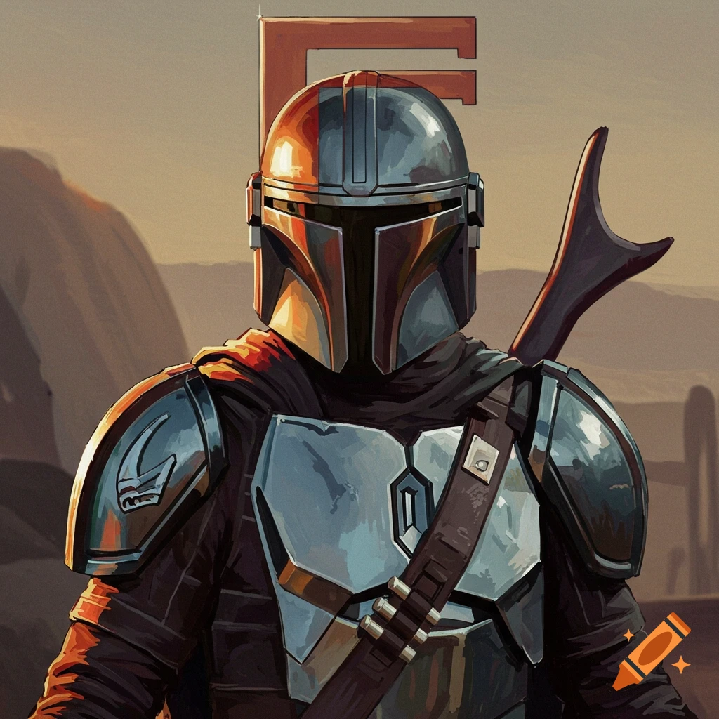 Stylized illustration of the Mandalorian standing against a desert background with a large orange 'F' shape behind him.