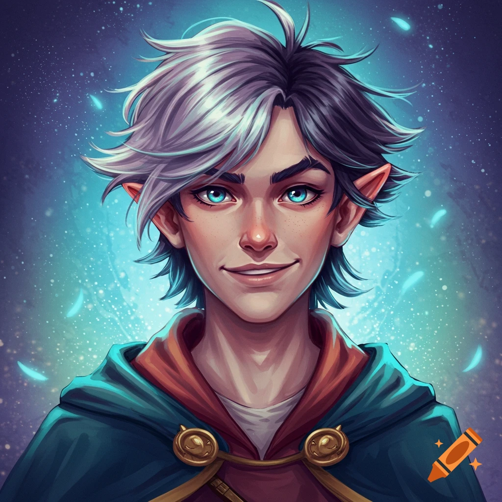 Digital illustration portrait of a fantasy character with pointed ears and two-tone hair wearing a hooded cloak.
