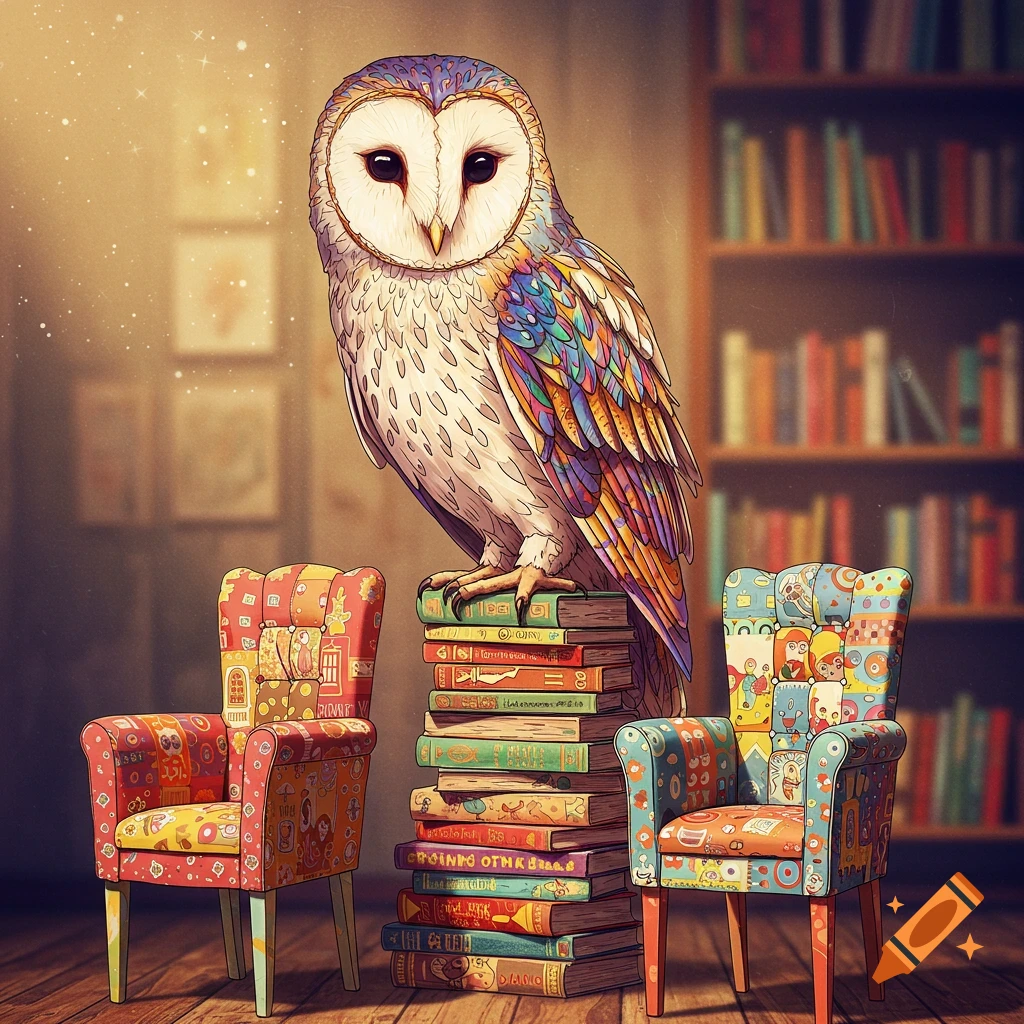 A colorful owl stands on a stack of books between two patterned chairs in a library.