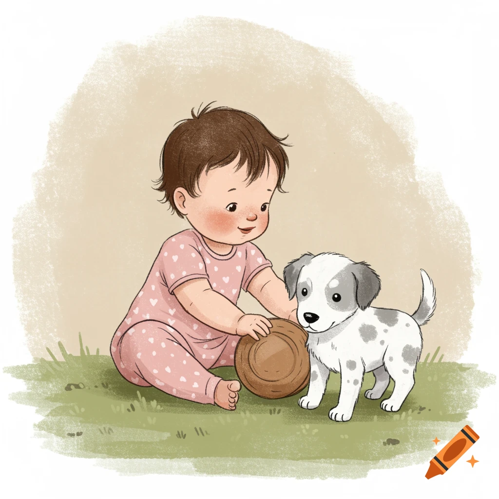 Whimsical storybook illustration of a baby playing with a white and gray spotted puppy.