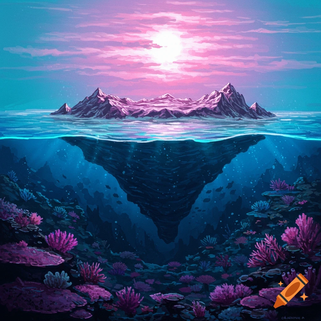 An artistic illustration of an island at sunset, showing pink mountains above water and vibrant pink and purple coral reefs underwater.