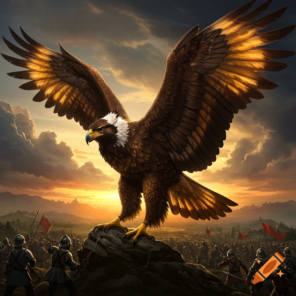 A giant eagle stands on a rock overlooking an army of soldiers at sunset, fantasy art.