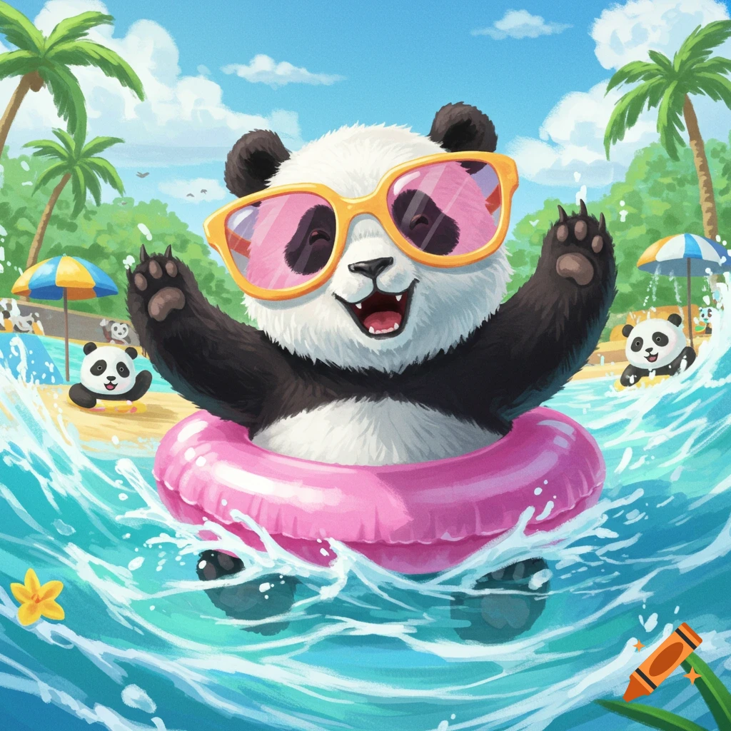 Cartoon panda with sunglasses and inner tube in a water park