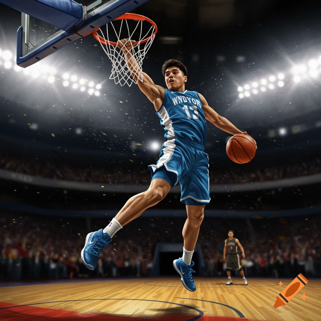 A basketball player is dunking a ball in a stadium.